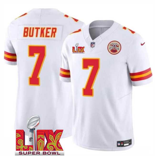 Men & Women & Youth Kansas City Chiefs #7 Harrison Butker White 2025 Super Bowl LIX Patch F.U.S.E. Vapor Limited Stitched Jersey